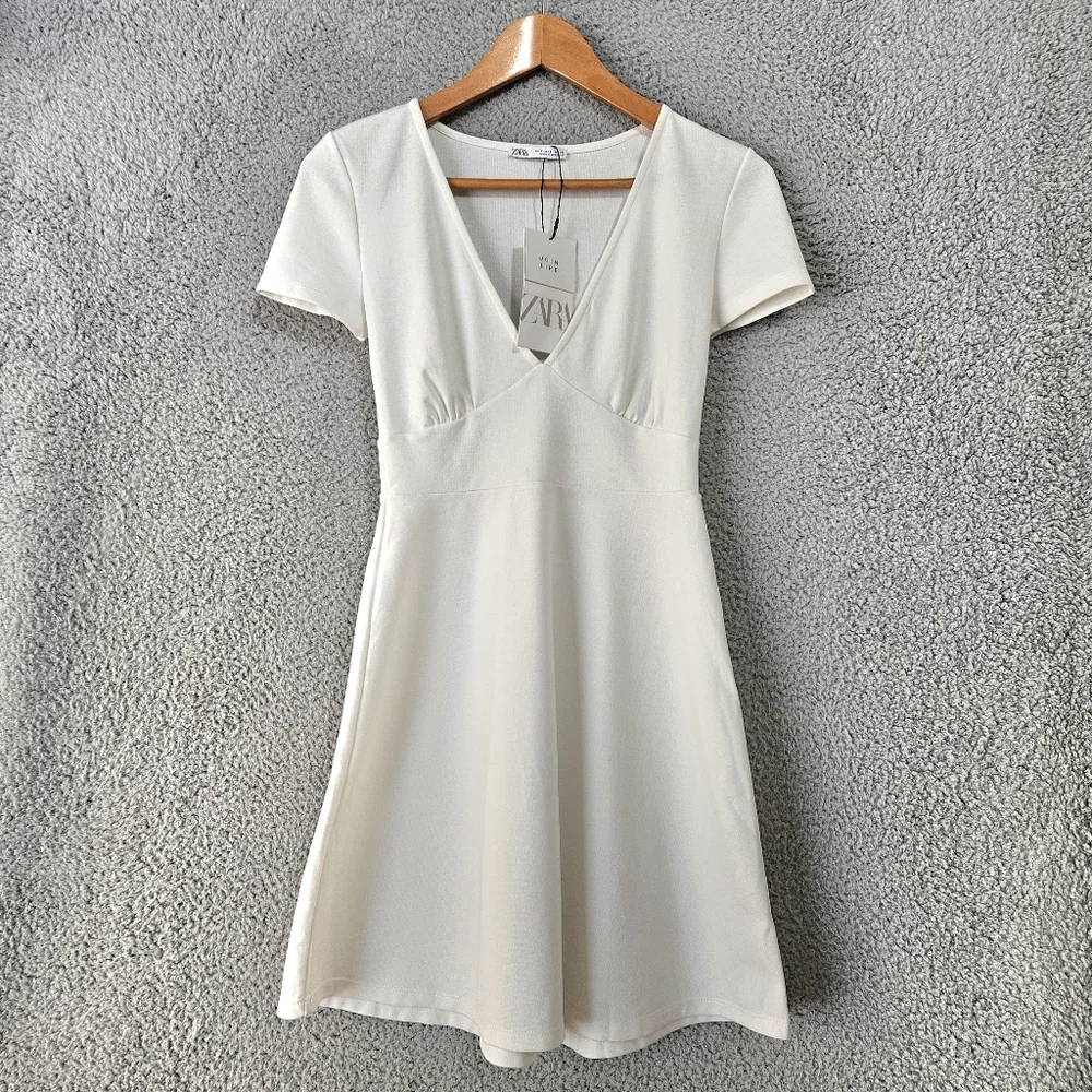 Zara White Mini Dress Small Short Sleeves V-Neck A-Line Graduation Bachelorette - Picture 2 of 10
